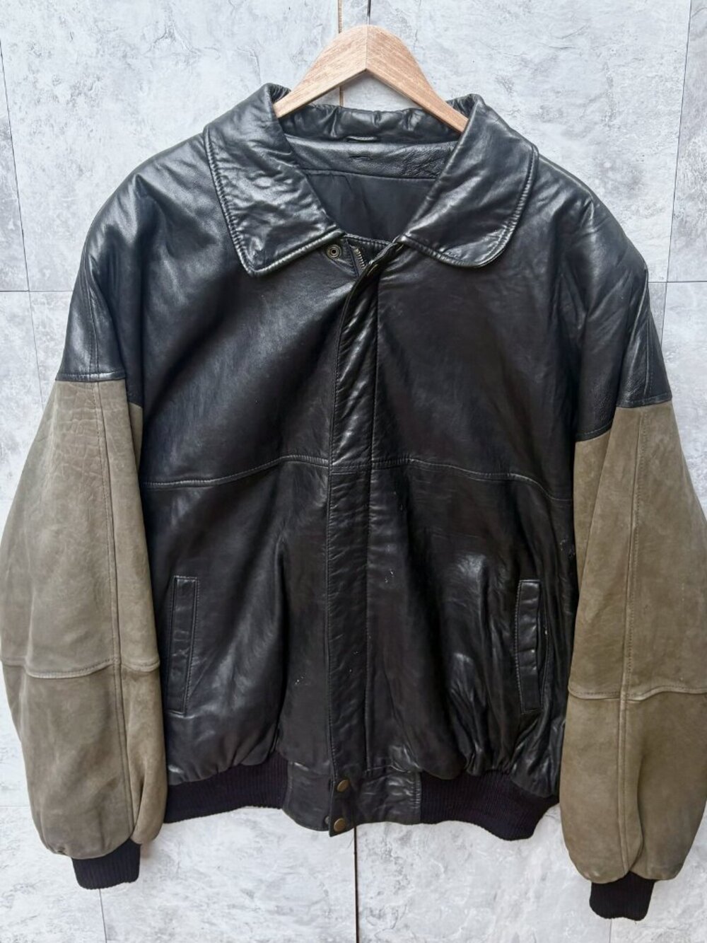 Black Brown Leather Suede Bomber Jacket Men L